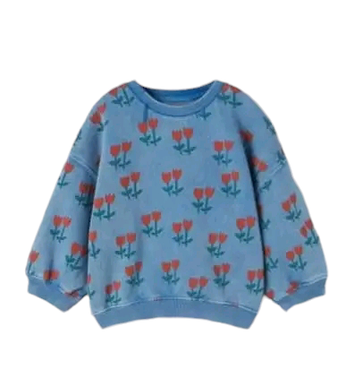 Blue Fleece Red Flowers Sweatshirt