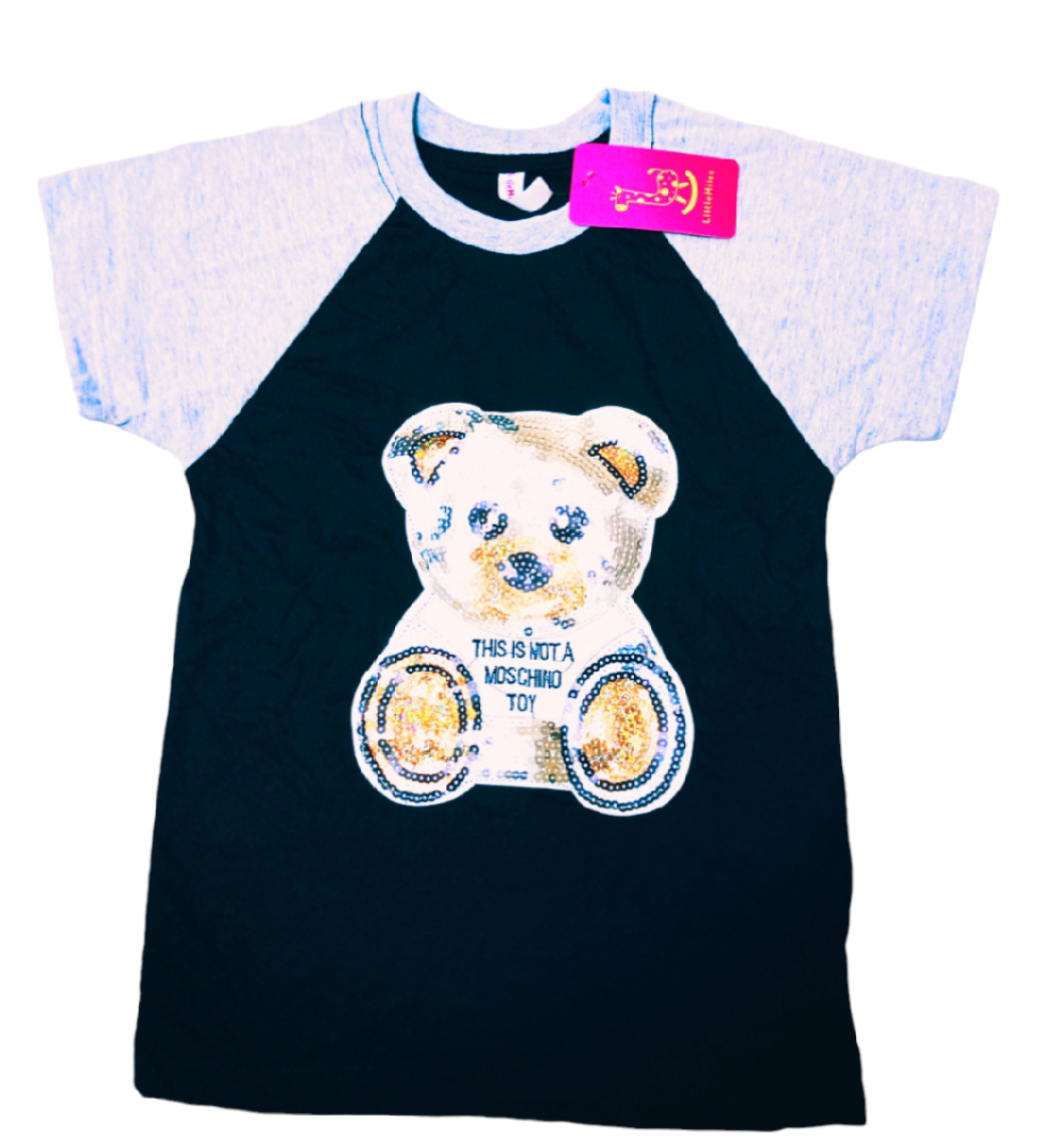 Black Grey Sequence Teddy Bear T-Shirt - LM